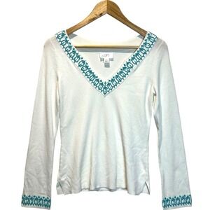 LOFT Vintage V-Neck Knit Top White/Turquoise Beading LS Light‎ Casual  Size XS